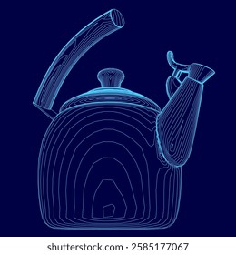 A blue drawing of a teapot with a handle.