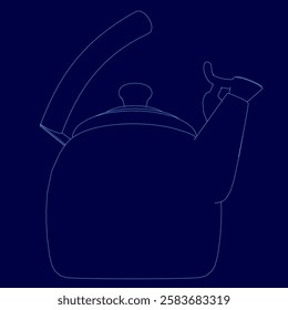 A blue drawing of a teapot with a handle and a spout. The teapot is shown in a blue outline, with the handle and spout clearly visible. Concept of simplicity and elegance