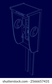 Blue drawing of a telephone booth. The booth is made of wood and has a blue color scheme