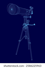 A blue drawing of a telescope. The drawing is in a 3D format and is very detailed. The telescope is on a tripod and is pointing towards the sky. Scene is one of curiosity and wonder