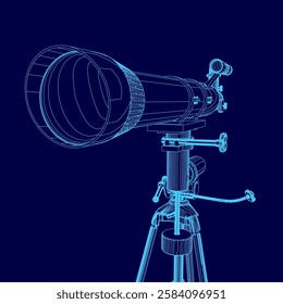 A blue drawing of a telescope with a blue background. The telescope is a large, long tube with a lens at the end. The lens is surrounded by a blue frame