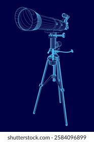 A blue drawing of a telescope. The drawing is in a blue color scheme