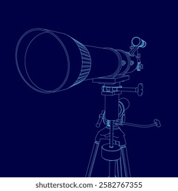 A blue drawing of a telescope with a lens. The telescope is set up on a tripod, with the lens pointing towards the sky