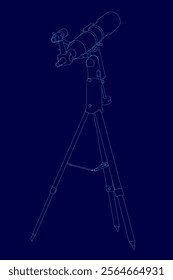 Blue drawing of a telescope. The drawing is of a telescope that is on a tripod