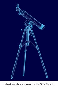 A blue drawing of a telescope. The drawing is of a telescope that is on a tripod