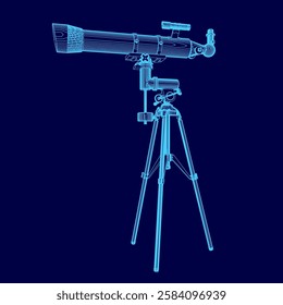 A blue drawing of a telescope with a tripod. The telescope is a large, powerful instrument used for observing distant objects in space