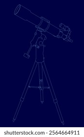 Blue drawing of a telescope. The drawing is of a telescope with a tripod and a lens. The drawing is of a telescope that is used to observe the stars and planets