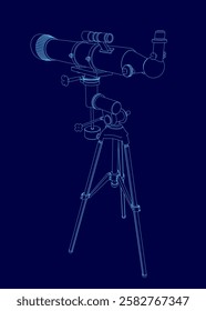 A blue drawing of a telescope with a tripod. The drawing is in blue and is very detailed