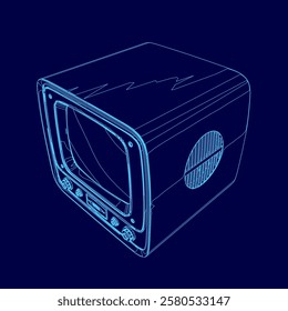 Blue drawing of a television with a black circle on the top right. The circle is a symbol for a remote control. The television is sitting on a table