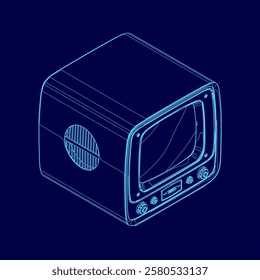 Blue drawing of a television with a screen. The television is turned off. The television is a vintage style