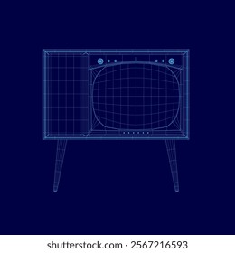 Blue drawing of a television set. The television is on a stand and is turned off