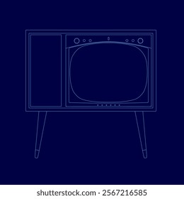 Blue drawing of a television set. The television is turned off. The television is a blue drawing