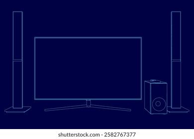 A blue drawing of a television, speaker and amplifier. The television is turned off and the speaker is turned off