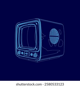 Blue drawing of a television with a speaker. The television is turned off