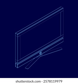 Blue drawing of a television with a stand. The television is on the left side of the image and the stand is on the right