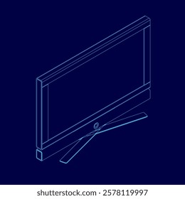 Blue drawing of a television with a stand. The television is turned off