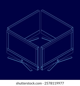 Blue drawing of a television stand with two televisions on it. The stand is made of wood and has a square shape