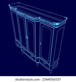 A blue drawing of a three-piece cabinet with a mirror. The cabinet is made of wood and has a modern design