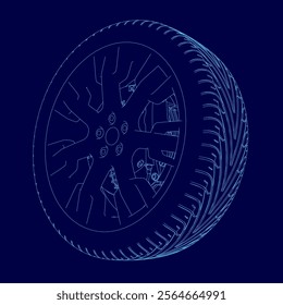 Blue drawing of a tire with a rim. The tire is shown in a 3D format