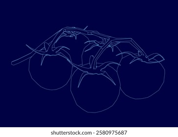 A blue drawing of a tomato with a stem. The drawing is of a tomato with a stem and is in blue