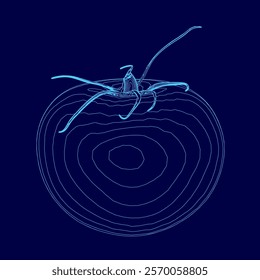 Blue drawing of a tomato. The drawing is of a tomato with a stem and a leaf