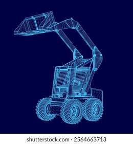 Blue drawing of a tractor with a blue bucket