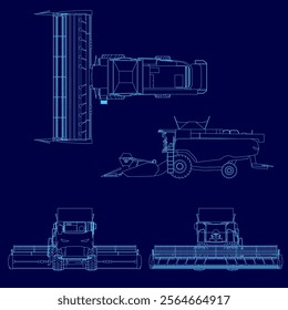 Blue drawing of a tractor with a cab and a cab. The tractor is shown from the front, back, and side