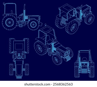 Blue drawing of a tractor with a blue drawing of the front of the tractor