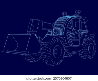 Blue drawing of a tractor with a large bucket on the front. The tractor is shown in a stylized way, with the bucket and other parts of the machine emphasized. Scene is somewhat whimsical and playful