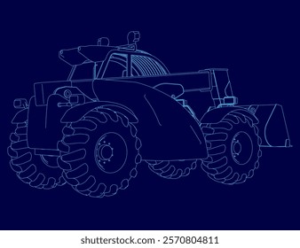 Blue drawing of a tractor with a large front wheel. The tractor is shown in blue