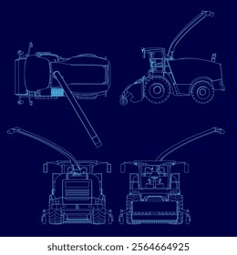 Blue drawing of a tractor with a large hose attached to it. The drawing is in blue and is a close up of the tractor