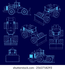 Blue drawing of a tractor with a large plow. The tractor is shown from different angles and in different sizes