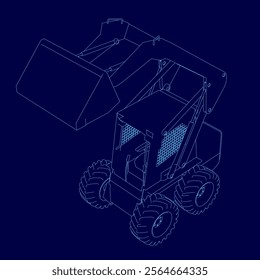 Blue drawing of a tractor with a large scoop on the front. The tractor is designed to be used for heavy lifting and digging tasks