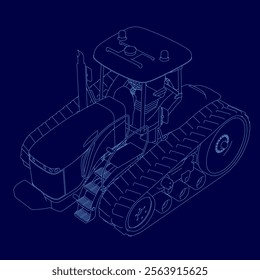 Blue drawing of a tractor with a blue outline. The tractor is shown in a cross section, with the wheels and tracks visible