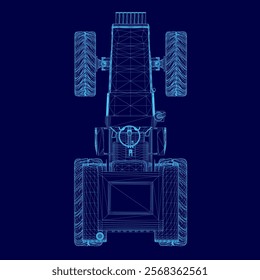 Blue drawing of a tractor. The tractor is shown in a 3D format, with its wheels and other parts clearly visible. Concept of precision and technical detail