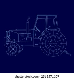 Blue drawing of a tractor. The tractor is shown in a stylized way, with a focus on its wheels and the overall design. Concept of precision and attention to detail