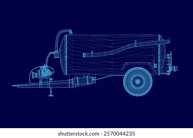 Blue drawing of a truck with a blue background. The truck is a large, industrial vehicle with a blue and white design. Scene is calm and serene