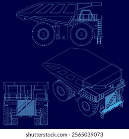 Blue drawing of a truck with a blue background. The truck is shown in three different views, with the front view showing the truck's wheels and the back view showing the truck's bed
