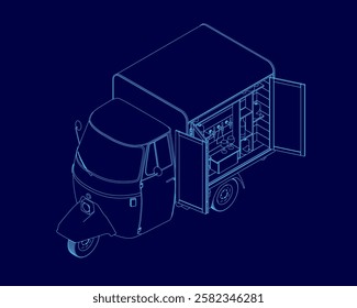 A blue drawing of a truck with a blue background. The truck is a small, compact vehicle with a blue top. Isometric view