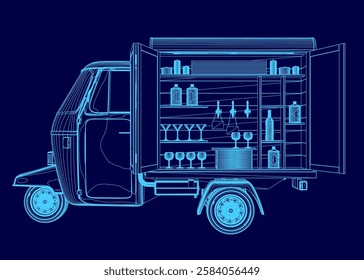 A blue drawing of a truck with a bar inside. The truck is parked and the bar is open