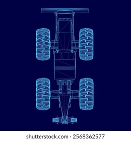 Blue drawing of a truck with a large tire. The truck is shown from the side and the tires are shown in detail