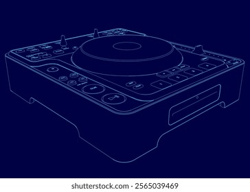 Blue drawing of a turntable with a black label that says "DJ". The turntable is shown in a stylized way, with a blue background. Scene is cool and modern