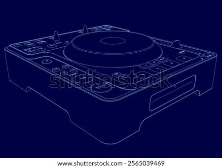Blue drawing of a turntable with a black label that says "DJ". The turntable is shown in a stylized way, with a blue background. Scene is cool and modern
