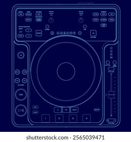 Blue drawing of a turntable with buttons and knobs. The turntable is a DJ turntable with a blue background