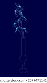 Blue drawing of a vase filled with flowers. The drawing is of a close up of the vase and flowers, with the vase taking up most of the image