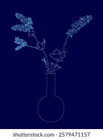 Blue drawing of a vase filled with flowers. The vase is made of glass and is sitting on a table. The flowers are of various sizes and colors, with some being larger