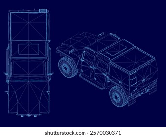 Blue drawing of a vehicle with a blue background.