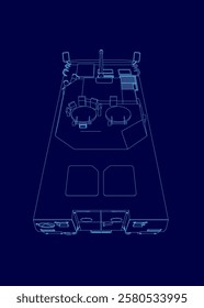 Blue drawing of a vehicle with a blue background. The vehicle is a military vehicle with a blue design