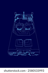 Blue drawing of a vehicle with a blue background. The vehicle is a tank and has a blue design