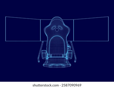 A blue drawing of a vehicle with a cockpit and a cockpit console. The cockpit console is a joystick and a steering wheel